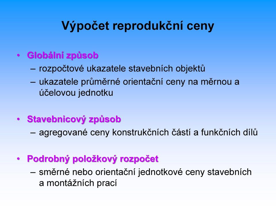 Stavebnicový způsob agregované ceny konstrukčních částí a funkčních dílů