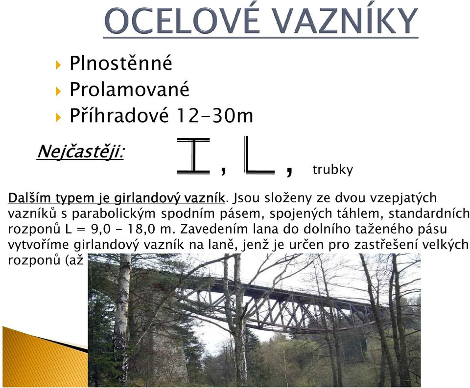 Jsou složeny ze dvou vzepjatých vazníků s parabolickým spodním pásem, spojených táhlem,