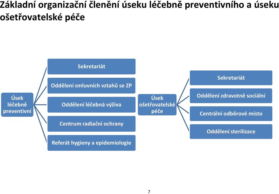 Oddělení léčebná výživa Úsek ošetřovatelské péče Oddělení zdravotně sociální Centrální