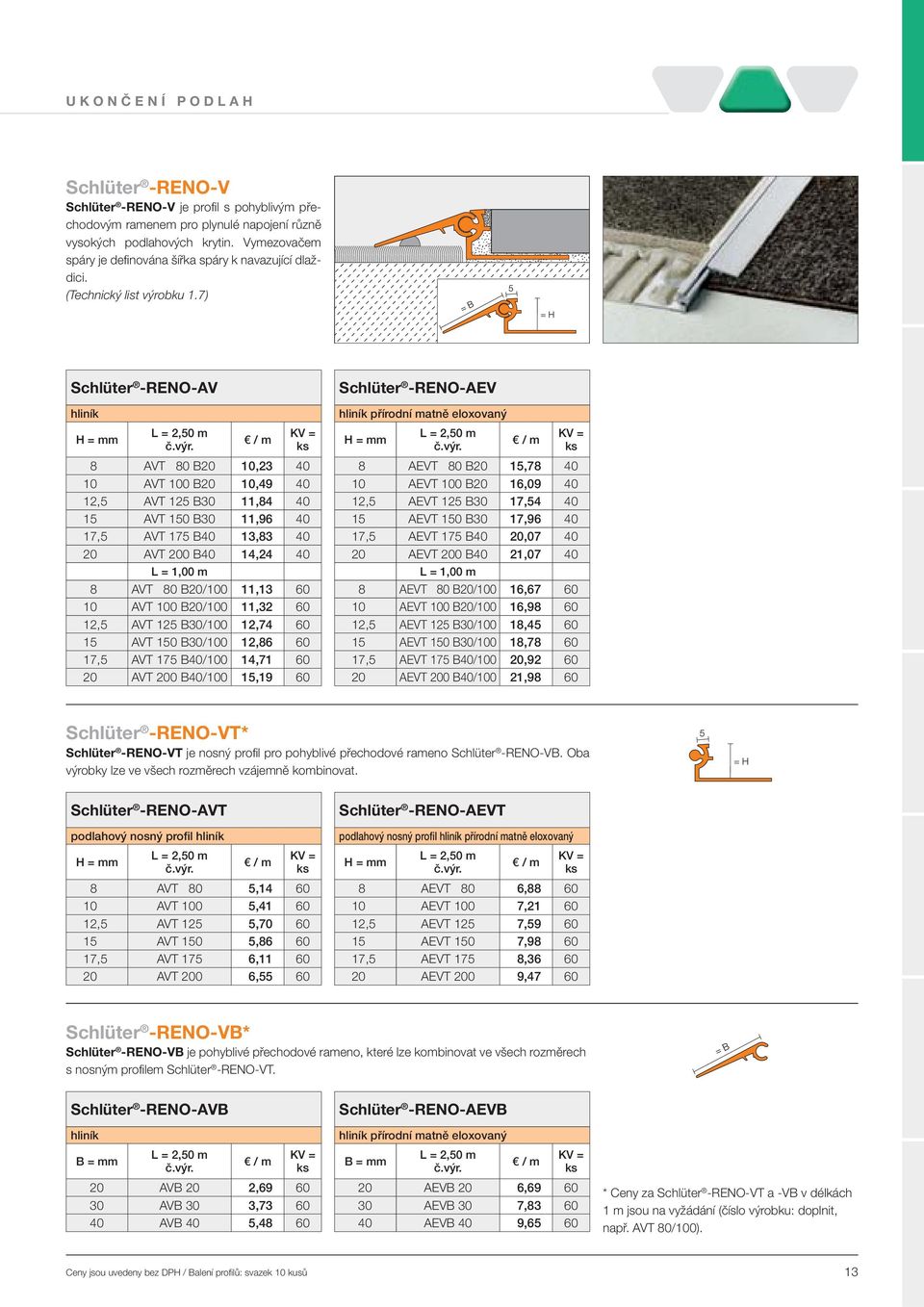 7) Schlüter -RENO-AV hliník 8 AVT 80 B20 10,23 40 10 AVT 100 B20 10,49 40 12,5 AVT 125 B30 11,84 40 15 AVT 150 B30 11,96 40 17,5 AVT 175 B40 13,83 40 20 AVT 200 B40 14,24 40 8 AVT 80 B20/100 11,13 60