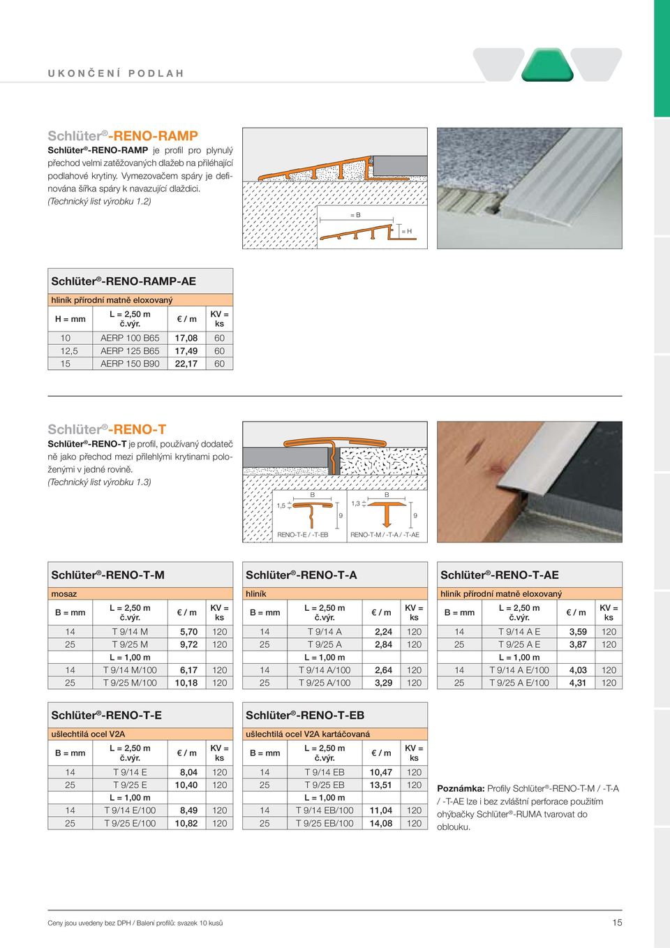 2) Schlüter -RENO-RAMP-AE hliník přírodní matně eloxovaný 10 AERP 100 B65 17,08 60 12,5 AERP 125 B65 17,49 60 15 AERP 150 B90 22,17 60 Schlüter -RENO-T Schlüter -RENO-T je profil, používaný dodateč