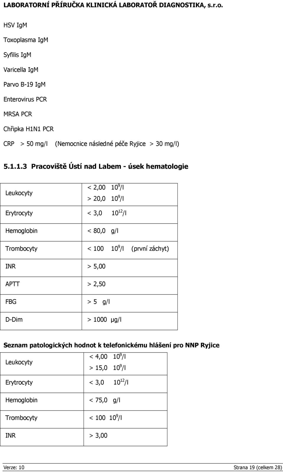 1.3 Pracoviště Ústí nad Labem - úsek hematologie Leukocyty < 2,00 10 9 /l > 20,0 10 9 /l Erytrocyty < 3,0 10 12 /l Hemoglobin < 80,0 g/l Trombocyty 100 10