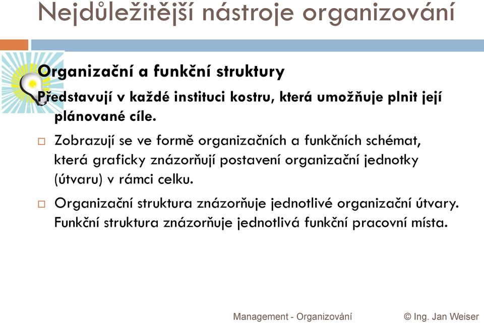 Zobrazují se ve formě organizačních a funkčních schémat, která graficky znázorňují postavení