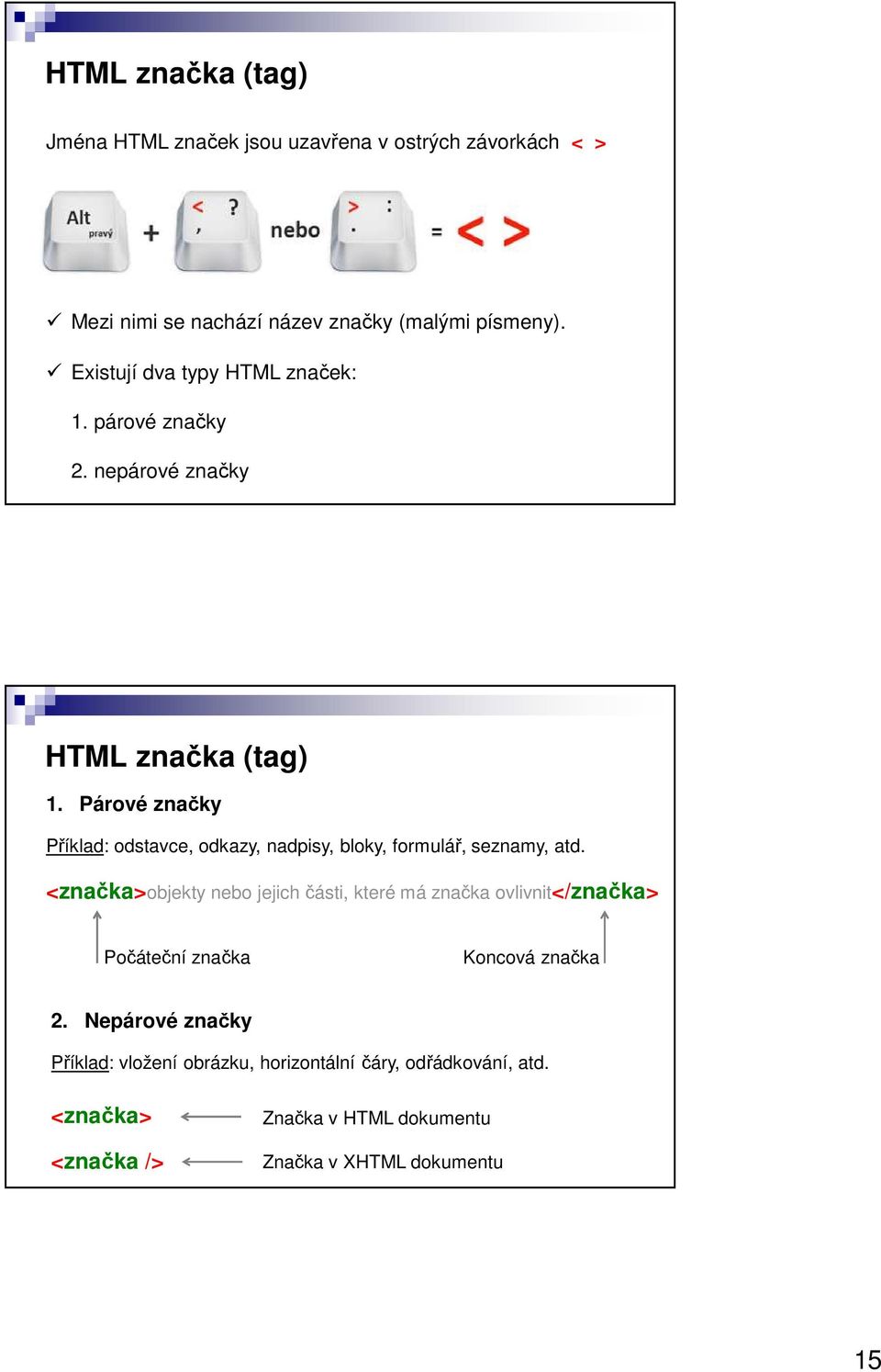 Párové značky Příklad: odstavce, odkazy, nadpisy, bloky, formulář, seznamy, atd.