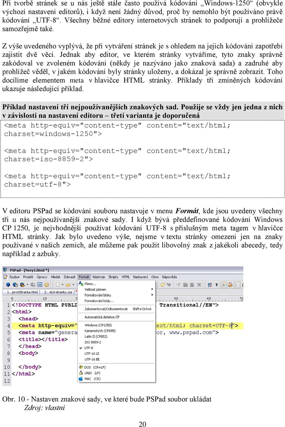 Jednak aby editor, ve kterém stránky vytváříme, tyto znaky správně zakódoval ve zvoleném kódování (někdy je nazýváno jako znaková sada) a zadruhé aby prohlížeč věděl, v jakém kódování byly stránky