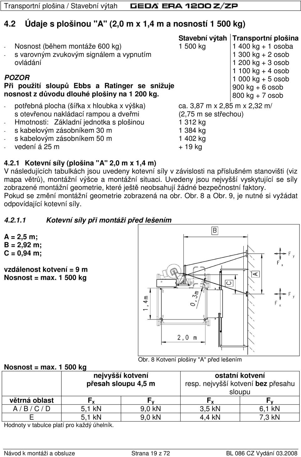Stavební výtah Transportní plošina 1 500 kg 1 400 kg + 1 osoba 1 300 kg + 2 osob 1 200 kg + 3 osob 1 100 kg + 4 osob 1 000 kg + 5 osob 900 kg + 6 osob 800 kg + 7 osob - pot ebná plocha (ší ka x