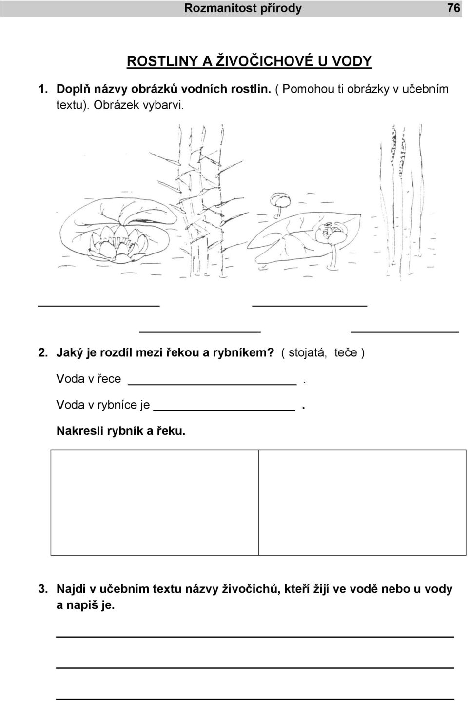 Obrázek vybarvi. 2. Jaký je rozdíl mezi řekou a rybníkem?