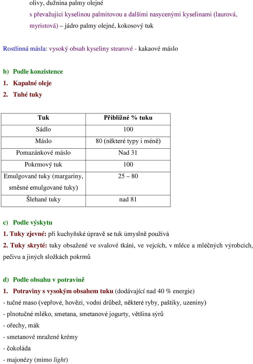 Tuhé tuky Tuk Přibližné % tuku Sádlo 100 Máslo 80 (některé typy i méně) Pomazánkové máslo Nad 31 Pokrmový tuk 100 Emulgované tuky (margariny, 25 80 směsné emulgované tuky) Šlehané tuky nad 81 c)