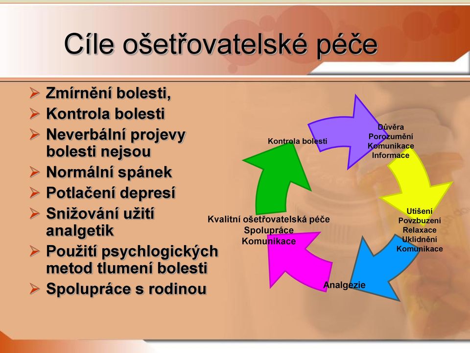 bolesti Spolupráce s rodinou Kontrola bolesti Kvalitní ošetřovatelská péče Spolupráce Komunikace