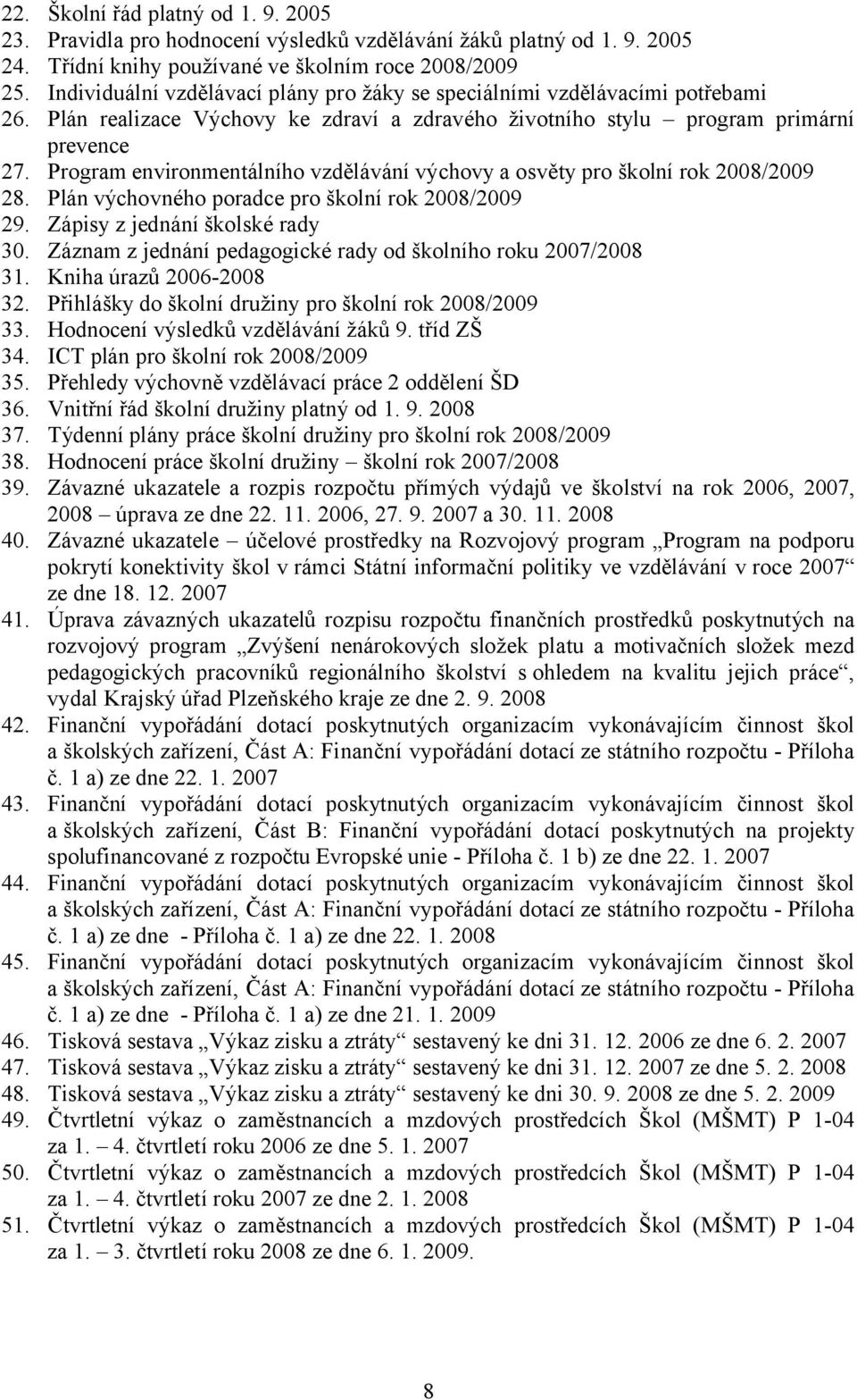 Program environmentálního vzdělávání výchovy a osvěty pro školní rok 2008/2009 28. Plán výchovného poradce pro školní rok 2008/2009 29. Zápisy z jednání školské rady 30.