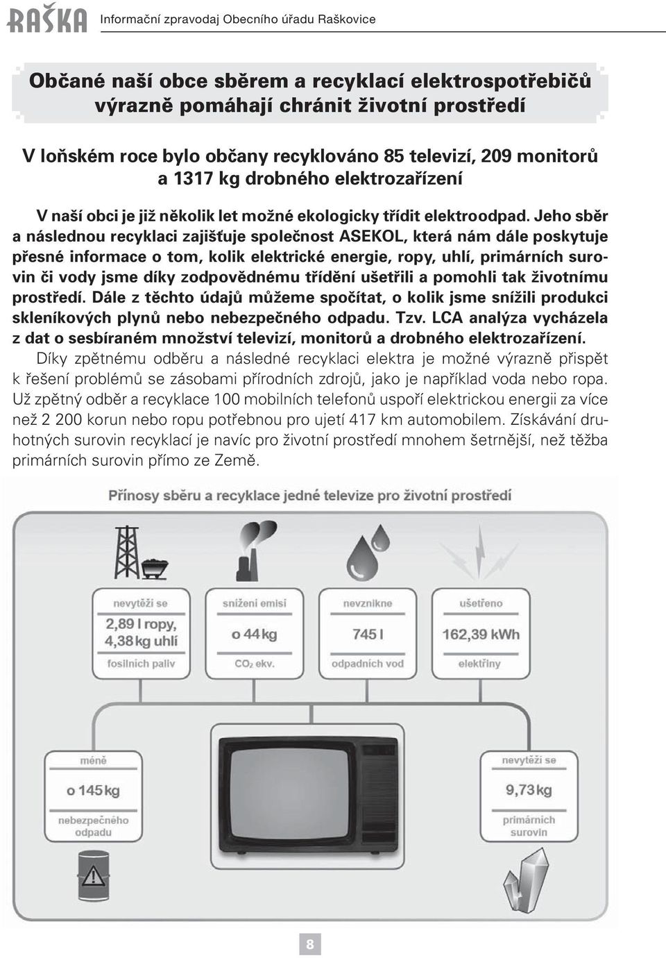 Jeho sběr a následnou recyklaci zajišťuje společnost ASEKOL, která nám dále poskytuje přesné informace o tom, kolik elektrické energie, ropy, uhlí, primárních surovin či vody jsme díky zodpovědnému