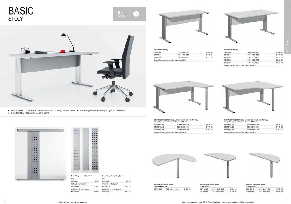 provedení RAL 9006 hliník/ral 9005 černá Stůl BASIC ergonomický, včetně kabelové průchodky, pravý (levý), s přístavnou hranou 422 mm BTE14R(L)46 735 1400 1200 5 434 Kč BTE16R(L)46 735 1600 1200 5 711