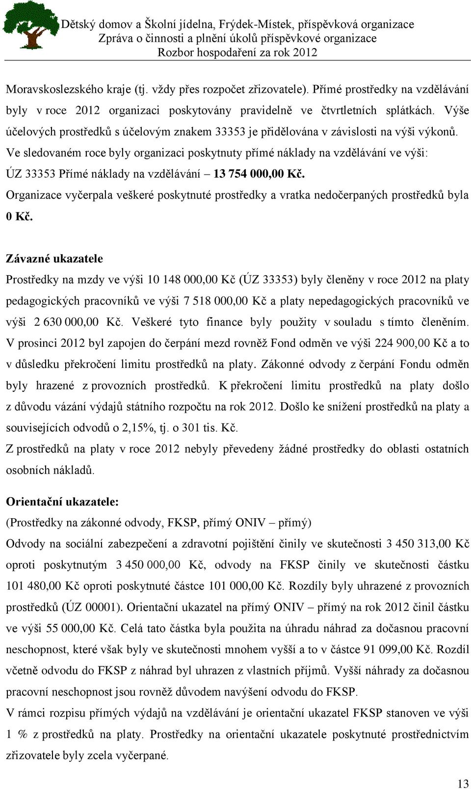 Ve sledovaném roce byly organizaci poskytnuty přímé náklady na vzdělávání ve výši: ÚZ 33353 Přímé náklady na vzdělávání 13 754 000,00 Kč.