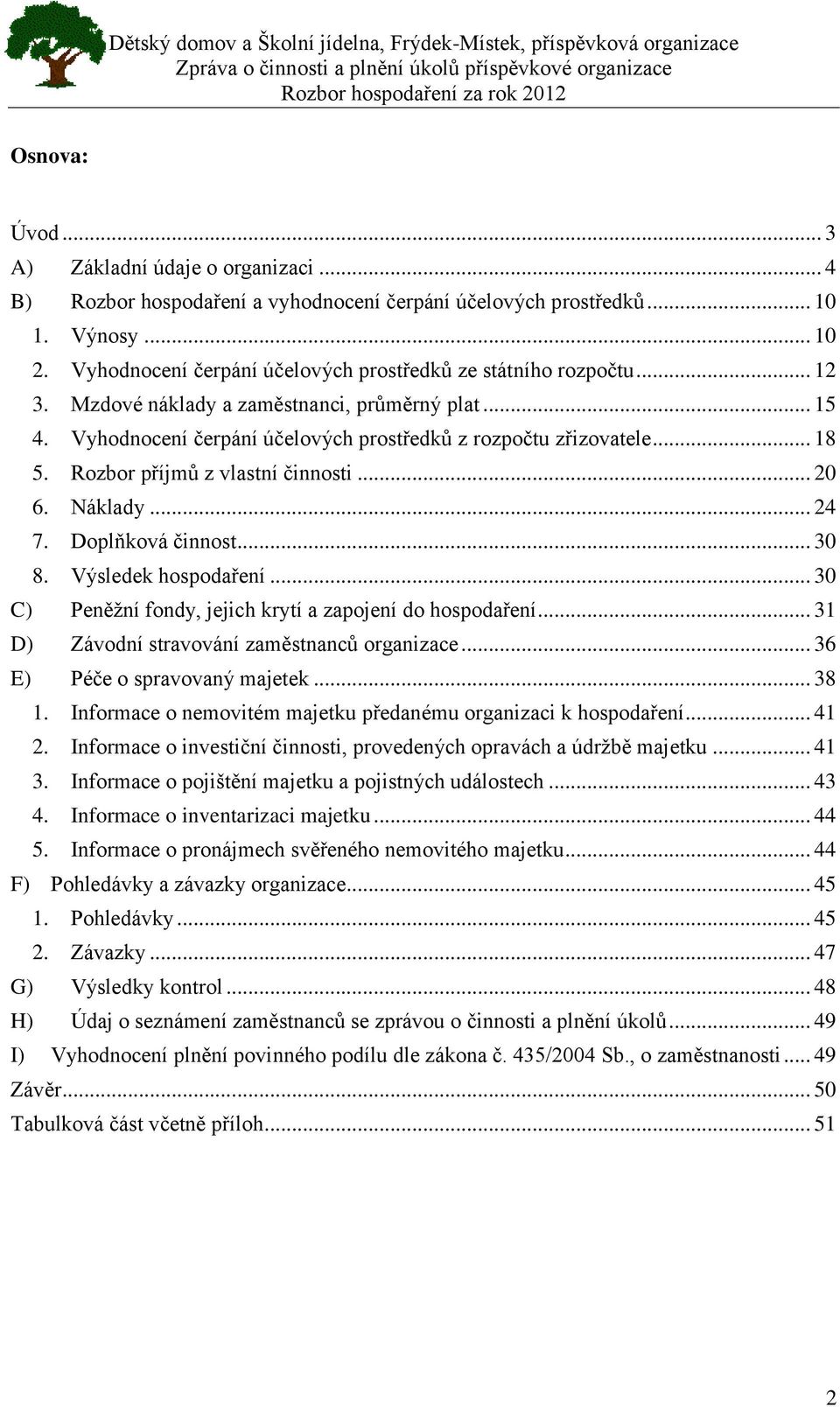 Rozbor příjmů z vlastní činnosti... 20 6. Náklady... 24 7. Doplňková činnost... 30 8. Výsledek hospodaření... 30 C) Peněžní fondy, jejich krytí a zapojení do hospodaření.