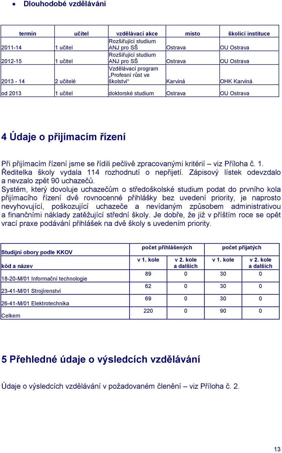 jsme se řídili pečlivě zpracovanými kritérií viz Příloha č. 1. Ředitelka školy vydala 114 rozhodnutí o nepřijetí. Zápisový lístek odevzdalo a nevzalo zpět 90 uchazečů.