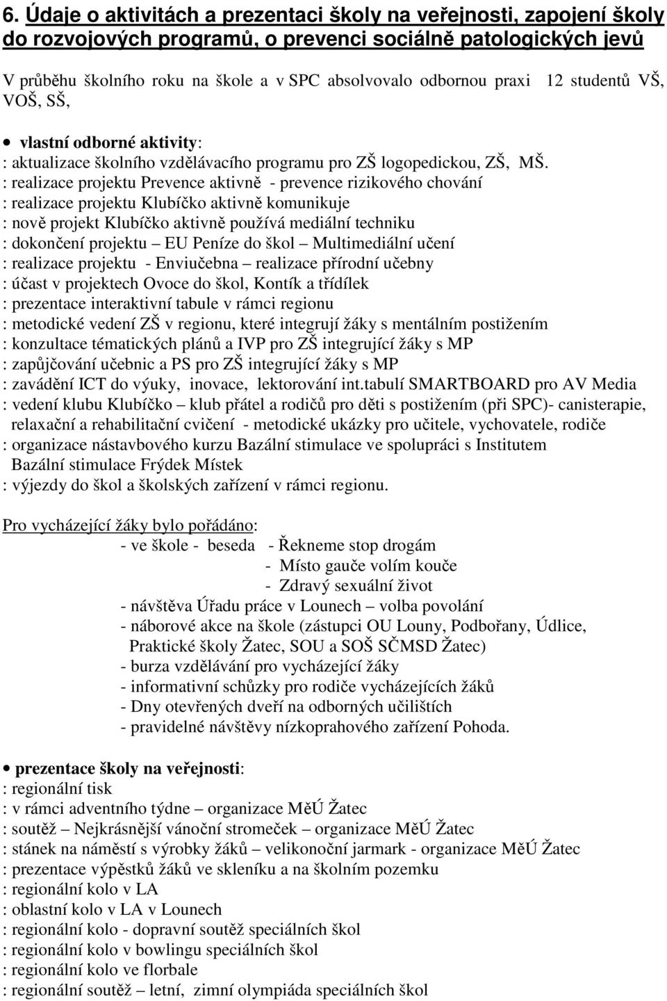 : realizace projektu Prevence aktivně - prevence rizikového chování : realizace projektu Klubíčko aktivně komunikuje : nově projekt Klubíčko aktivně používá mediální techniku : dokončení projektu EU