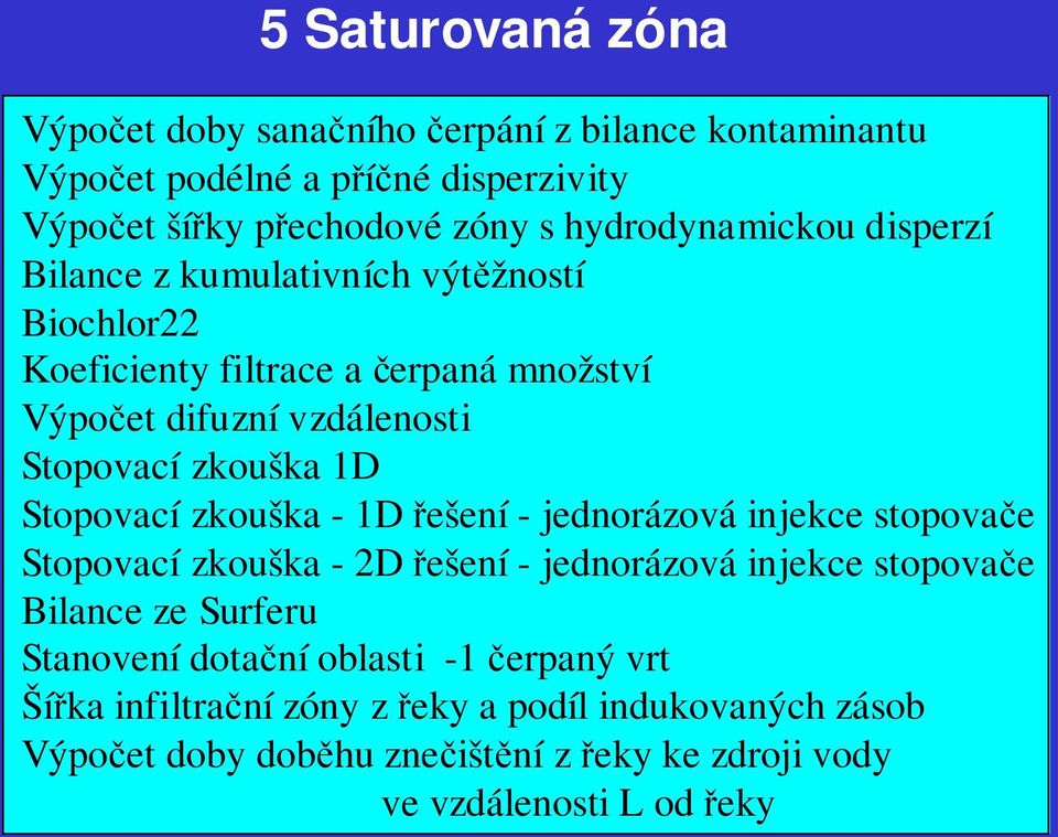 zkouška 1D Stopovací zkouška - 1D řešení - jednorázová injekce stopovače Stopovací zkouška - 2D řešení - jednorázová injekce stopovače Bilance ze Surferu