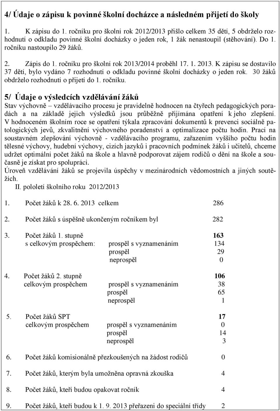 ročníku pro školní rok 2013/2014 proběhl 17. 1. 2013. K zápisu se dostavilo 37 dětí, bylo vydáno 7 rozhodnutí o odkladu povinné školní docházky o jeden rok. 30 žáků obdrželo rozhodnutí o přijetí do 1.