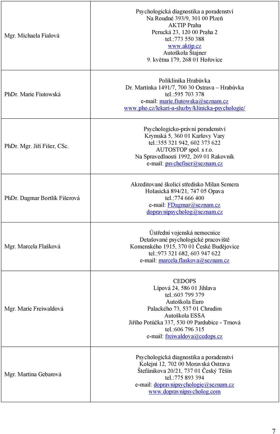 cz/lekari-a-sluzby/klinicka-psychologie/ PhDr. Mgr. Jiří Fišer, CSc. Psychologicko-právní poradenství Krymská 5, 360 01 Karlovy Vary tel.:355 321 942, 602 373 622 AUTOSTOP spol. s r.o. Na Spravedlnosti 1992, 269 01 Rakovník e-mail: psychefiser@seznam.