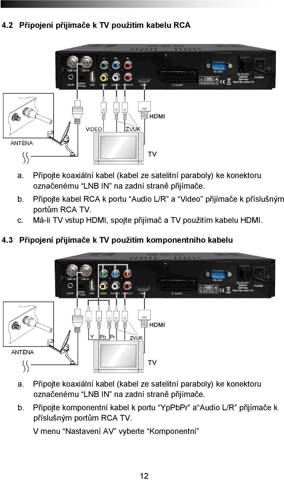 Připojte kabel RCA k portu Audio L/R a Video přijímače k příslušným portům RCA TV. c. Má-li TV vstup HDMI, spojte přijímač a TV použitím kabelu HDMI. 4.