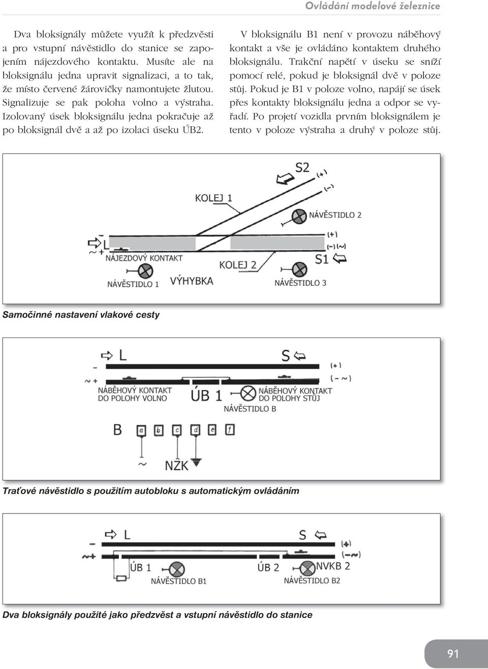 Izolovaný úsek bloksignálu jedna pokraèuje až po bloksignál dvì a až po izolaci úseku ÚB2. V bloksignálu B1 není v provozu nábìhový kontakt a vše je ovládáno kontaktem druhého bloksignálu.