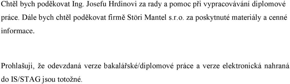 Dále bych chtěl poděkovat firmě Störi Mantel s.r.o. za poskytnuté materiály a cenné informace.