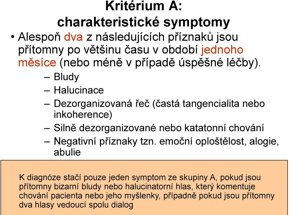 Bludy Halucinace Dezorganizovaná řeč (častá tangencialita nebo inkoherence) Silně dezorganizované nebo katatonní chování Negativní příznaky