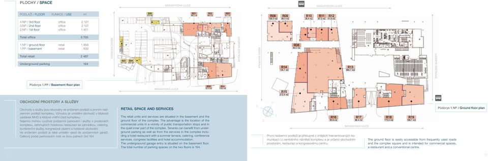 PP / Basement floor plan MOSKEVSKÁ ULICE OBCHODNÍ PROSTORY A SLUŽBY Obchody a služby jsou situovány ve sníženém podlaží a prvním nadzemním podlaží komplexu.