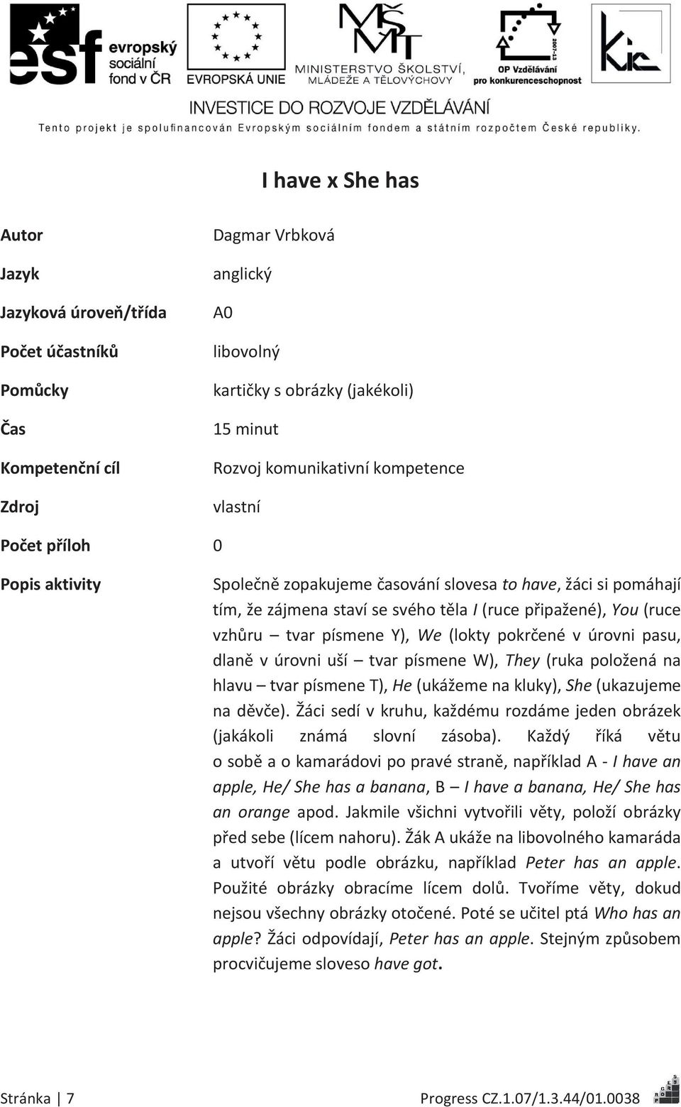 Y), We (lokty pokrčené v úrovni pasu, dlaně v úrovni uší tvar písmene W), They (ruka položená na hlavu tvar písmene T), He (ukážeme na kluky), She (ukazujeme na děvče).