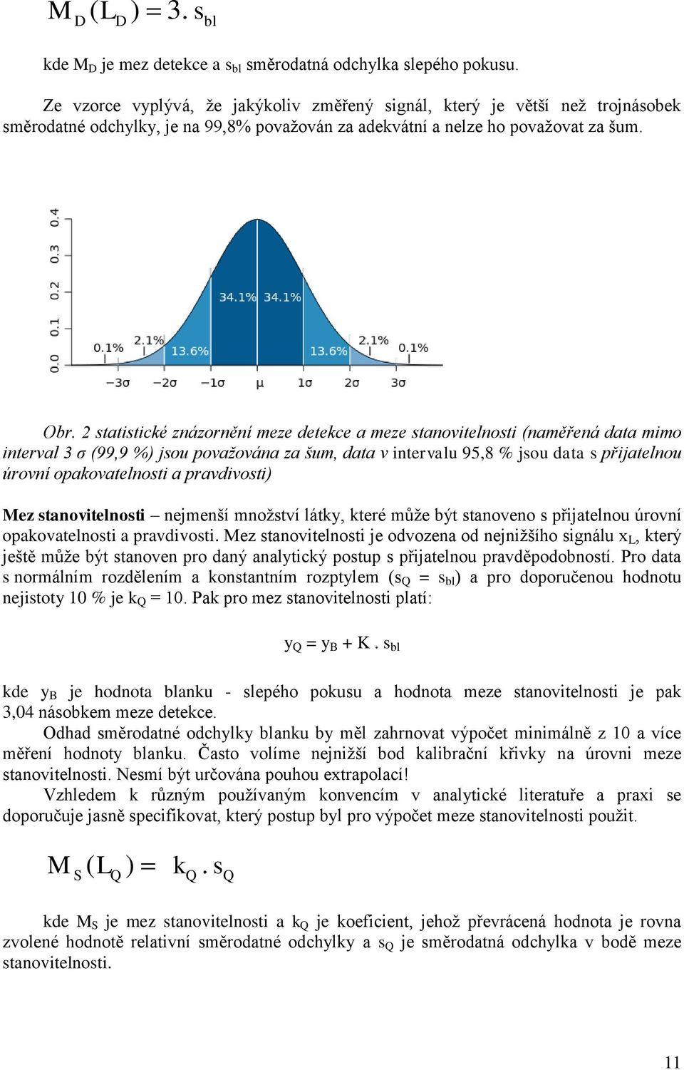 statistické znázornění meze detekce a meze stanovitelnosti (naměřená data mimo interval 3 σ (99,9 %) jsou považována za šum, data v intervalu 95,8 % jsou data s přijatelnou úrovní opakovatelnosti a