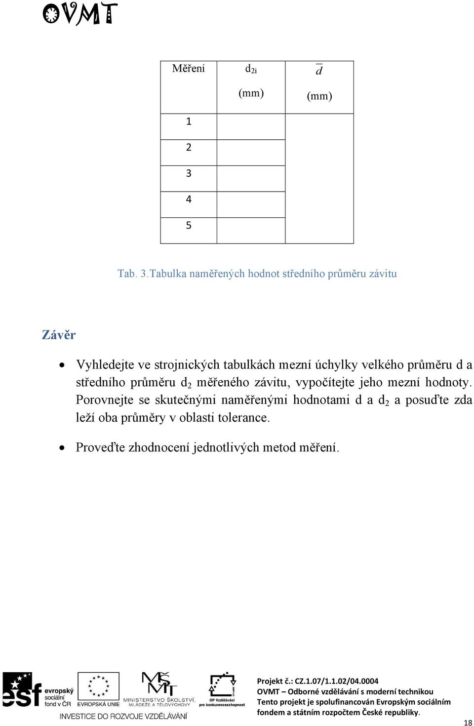 Tabulka naměřených hodnot středního průměru závitu Závěr Vyhledejte ve strojnických tabulkách