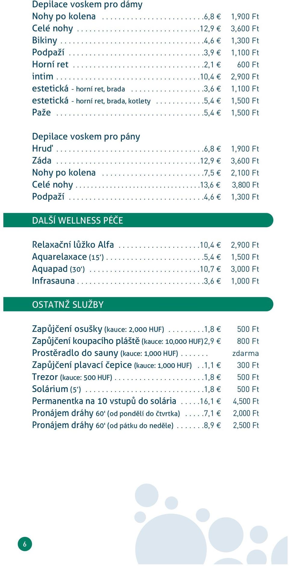 .................3,6 1,100 Ft estetická - horní ret, brada, kotlety............5,4 1,500 Ft Paže....................................5,4 1,500 Ft Depilace voskem pro pány Hruď....................................6,8 1,900 Ft Záda.