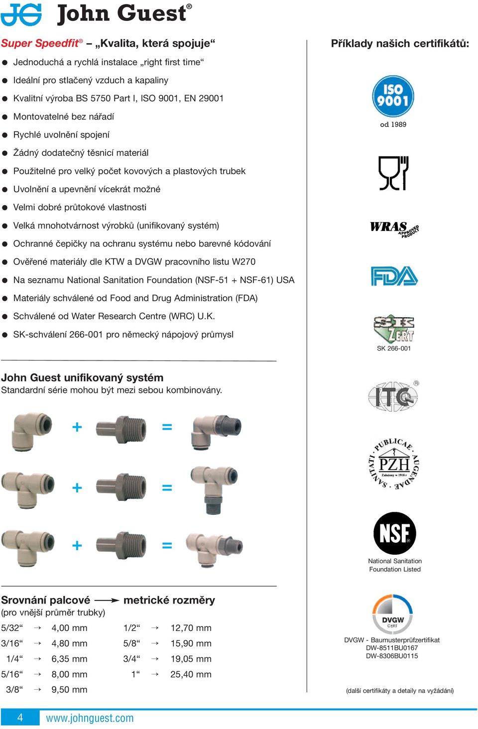 mnohotvárnost výrobků (unifikovaný systém) Ochranné čepičky na ochranu systému nebo barevné kódování Ověřené materiály dle KTW a DVGW pracovního listu W270 Na seznamu National Sanitation Foundation