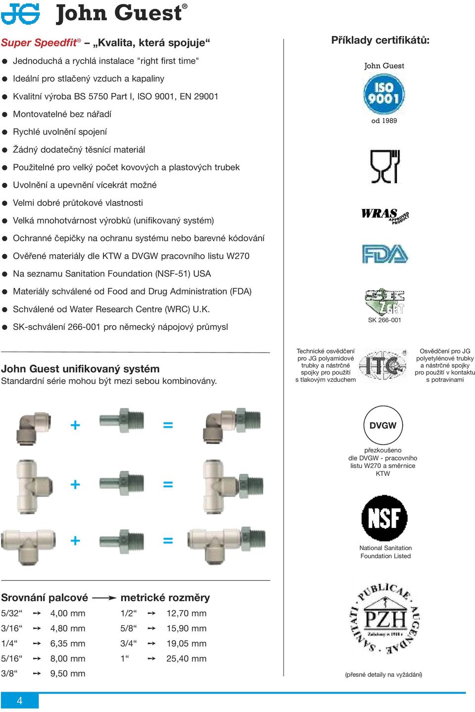 mnohotvárnost výrobků (unifikovaný systém) Ochranné čepičky na ochranu systému nebo barevné kódování Ověřené materiály dle KTW a DVGW pracovního listu W270 Na seznamu Sanitation Foundation (NSF-51)