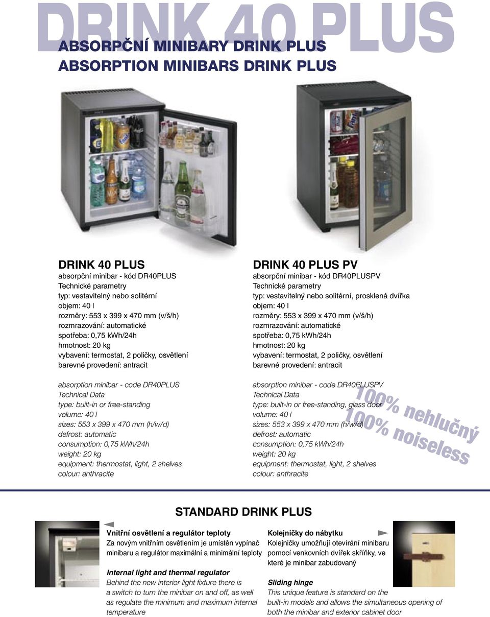 DR40PLUS volume: 40 l sizes: 553 x 399 x 470 mm (h/w/d) consumption: 0,75 kwh/24h weight: 20 kg absorption minibar - code DR40PLUSPV, glass door volume: 40 l sizes: 553 x 399 x 470 mm (h/w/d)