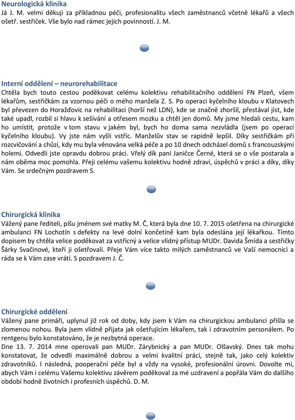 Interní oddělení neurorehabilitace Chtěla bych touto cestou poděkovat celému kolektivu rehabilitačního oddělení FN Plzeň, všem lékařům, sestřičkám za vzornou péči o mého manžela Z. S.