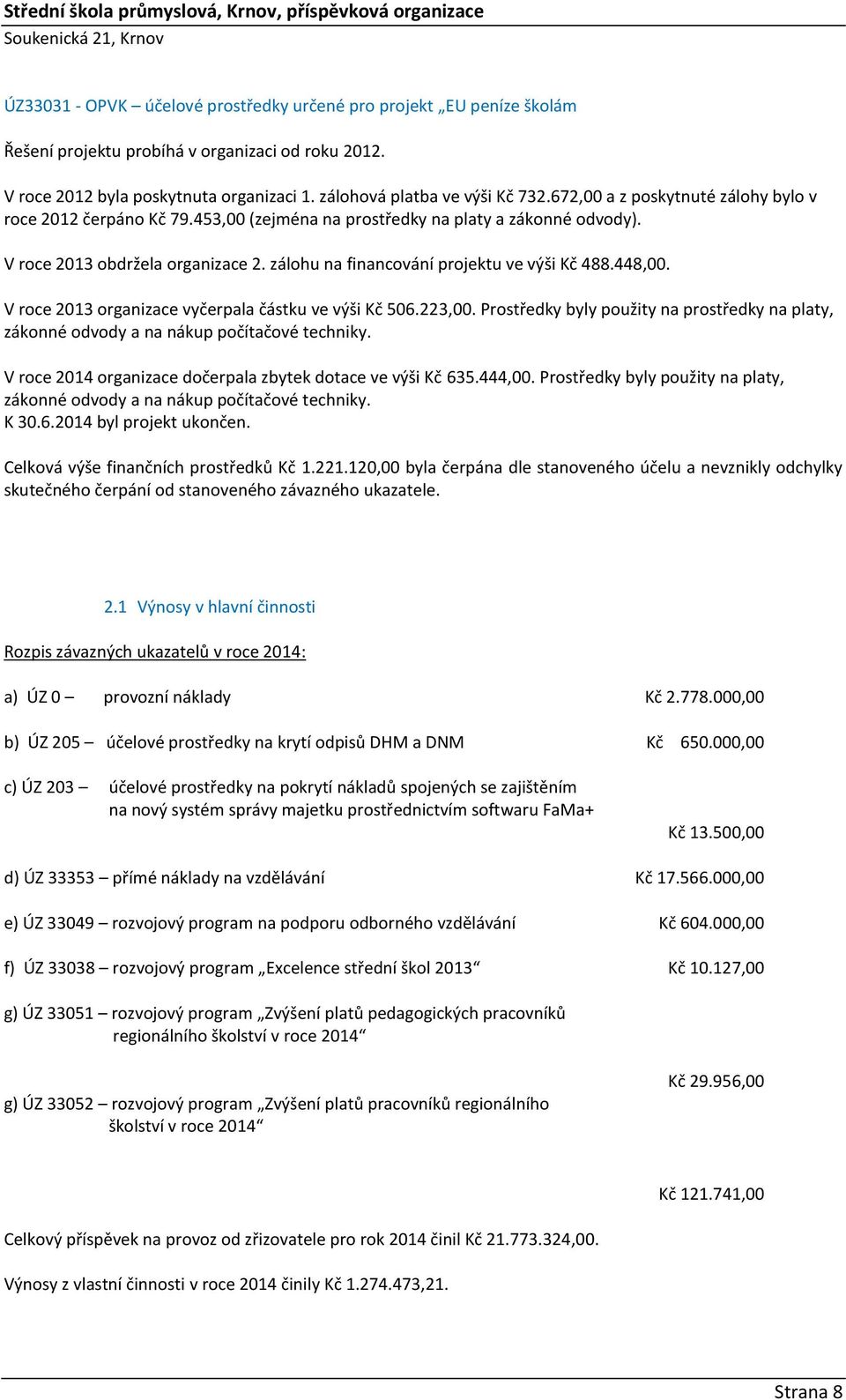 448,00. V roce 2013 organizace vyčerpala částku ve výši Kč 506.223,00. Prostředky byly použity na prostředky na platy, zákonné odvody a na nákup počítačové techniky.