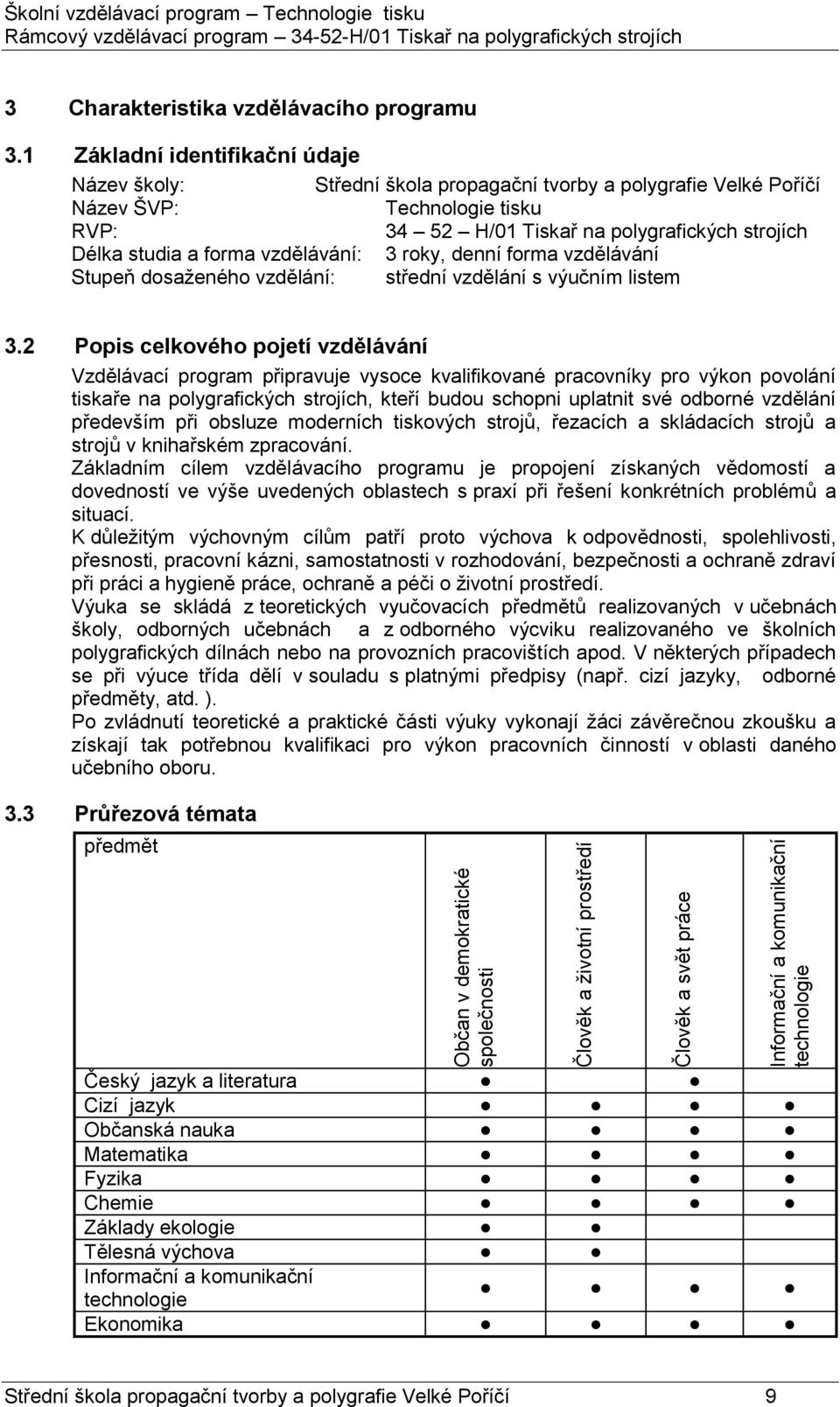 1 Základní identifikační údaje Název školy: Střední škola propagační tvorby a polygrafie Velké Poříčí Název ŠVP: Technologie tisku RVP: 34 52 H/01 Tiskař na polygrafických strojích Délka studia a