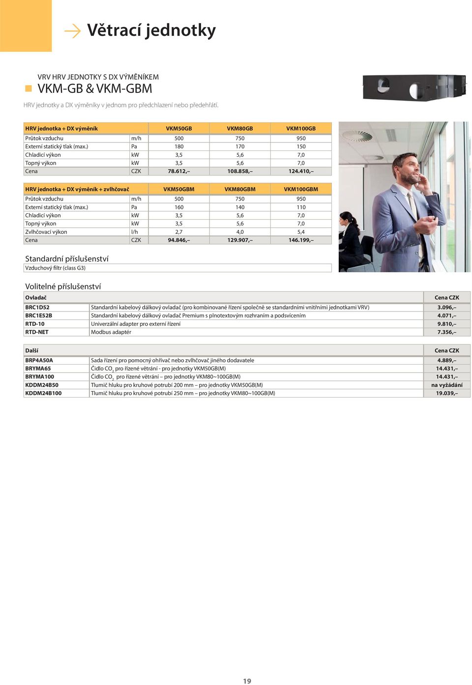 858, 124.410, HRV jednotka + DX výměník + zvlhčovač VKM50GBM VKM80GBM VKM100GBM Průtok vzduchu m/h 500 750 950 Externí statický tlak (max.