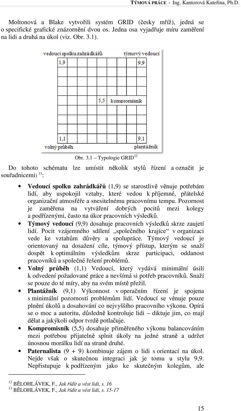1 Typologie GRID 12 Do tohoto schématu lze umístit několik stylů řízení a označit je souřadnicemi) 13 : Vedoucí spolku zahrádkářů (1,9) se starostlivě věnuje potřebám lidí, aby uspokojil vztahy,