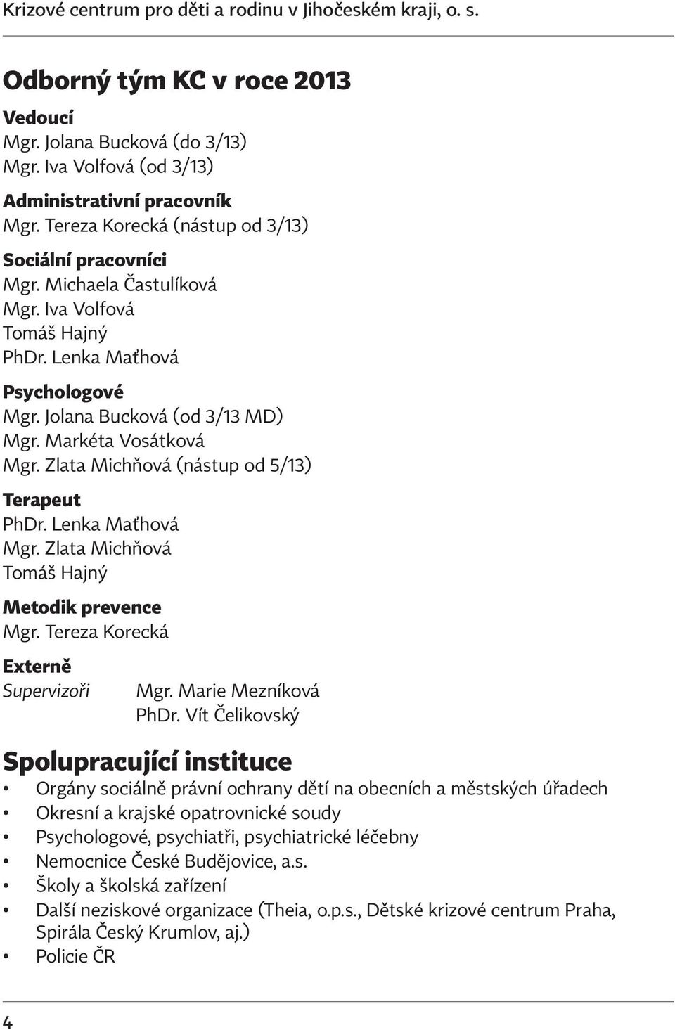 Zlata Michňová (nástup od 5/13) Terapeut PhDr. Lenka Maťhová Mgr. Zlata Michňová Tomáš Hajný Metodik prevence Mgr. Tereza Korecká Externě Supervizoři Mgr. Marie Mezníková PhDr.