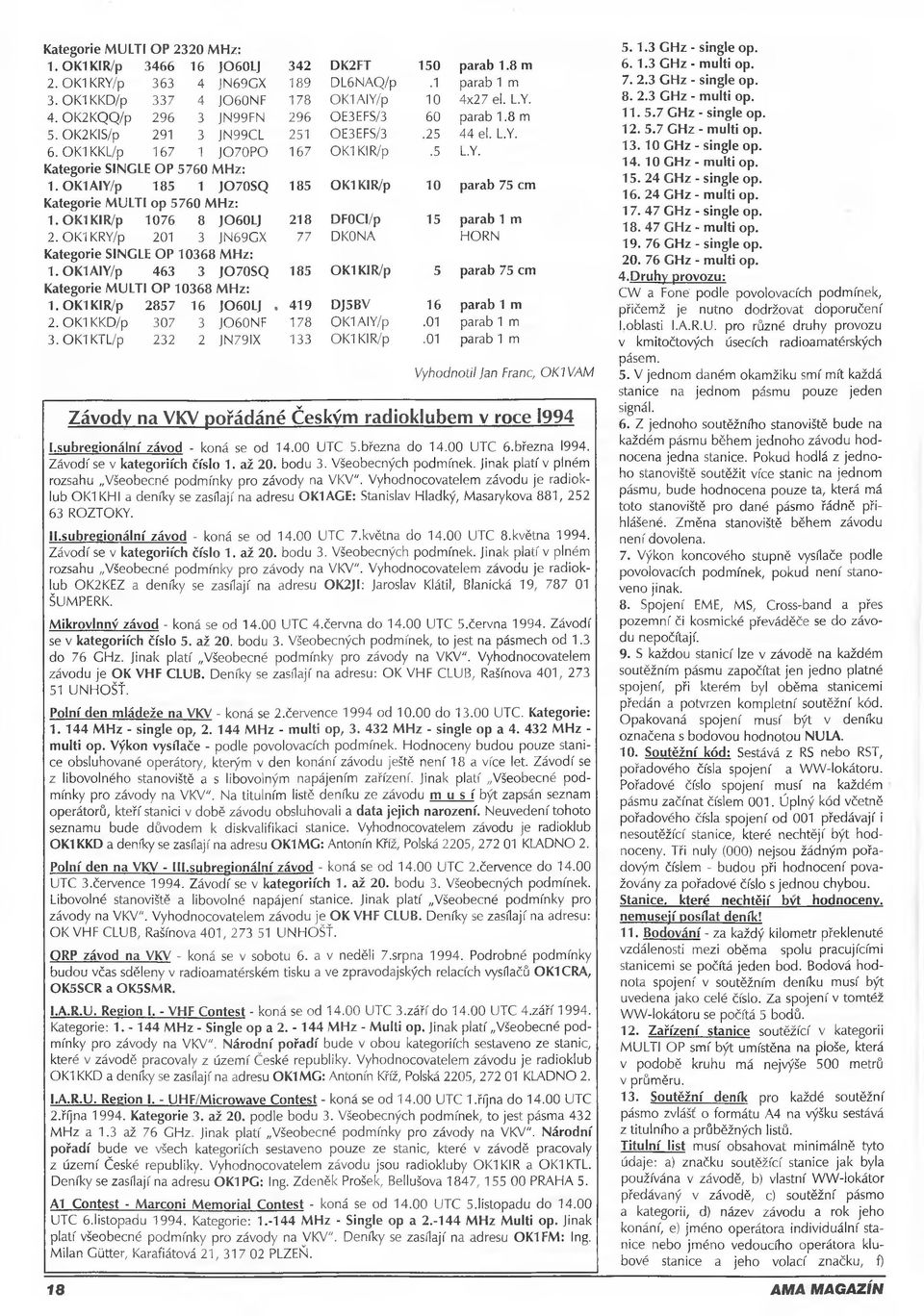 OK1 KRY/p 201 3 JN69GX 77 Kategorie SINGLE OP 10368 MHz: 1. OK1AIY/p 463 3 J070SQ 185 Kategorie MULTI OP 10368 MHz: 1. OK1 KIR/p 2857 16 J060LJ, 419 2. OK1 KKD/p 307 3 J060N F 178 3.