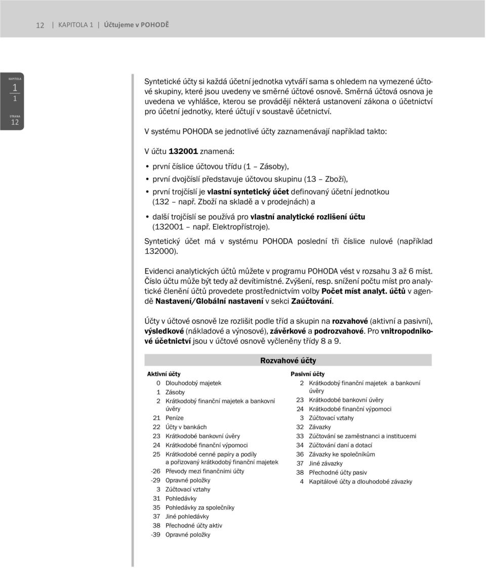 V systému POHODA se jednotlivé účty zaznamenávají například takto: V účtu 132001 znamená: první číslice účtovou třídu (1 Zásoby), první dvojčíslí představuje účtovou skupinu (13 Zboží), první