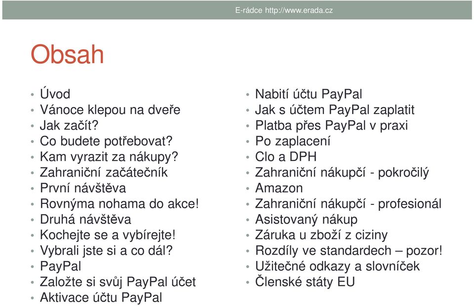 PayPal Založte si svůj PayPal účet Aktivace účtu PayPal Nabití účtu PayPal Jak s účtem PayPal zaplatit Platba přes PayPal v praxi Po