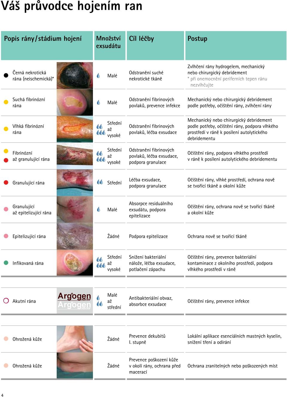 mechanický nebo chirurgický debridement * při onemocnění periferních tepen ránu nezvlhčujte Suchá fibrinózní rána Malé Odstranění fibrinových povlaků, prevence infekce Mechanický nebo chirurgický