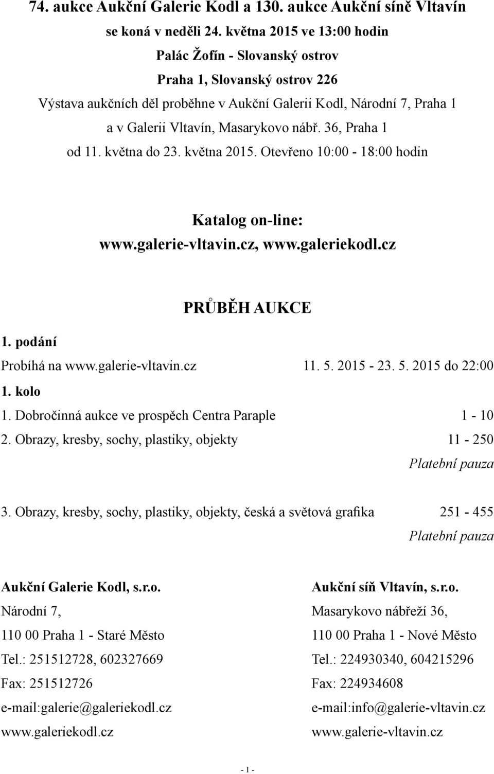 36, Praha 1 od 11. května do 23. května 2015. Otevřeno 10:00-18:00 hodin Katalog on-line: www.galerie-vltavin.cz, www.galeriekodl.cz PRŮBĚH AUKCE 1. podání Probíhá na www.galerie-vltavin.cz 11. 5.