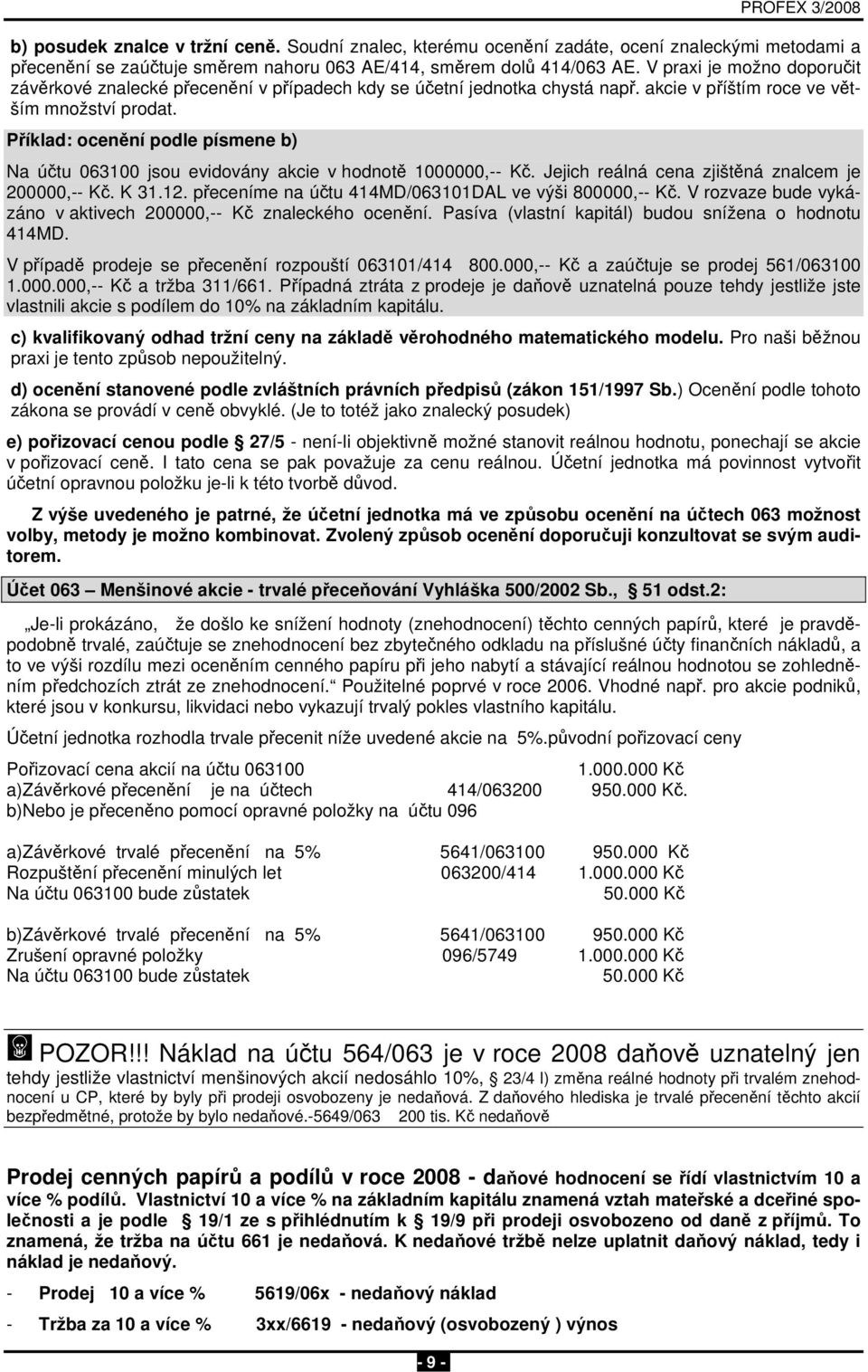 Příklad: ocenění podle písmene b) Na účtu 063100 jsou evidovány akcie v hodnotě 1000000,-- Kč. Jejich reálná cena zjištěná znalcem je 200000,-- Kč. K 31.12.