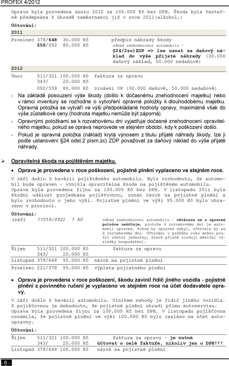 000 nedaňově) 2012 Únor 511/321 100.000 Kč faktura za opravu 343/ 20.000 Kč 092/559 80.000 Kč zrušení OP (30.000 daňově, 50.