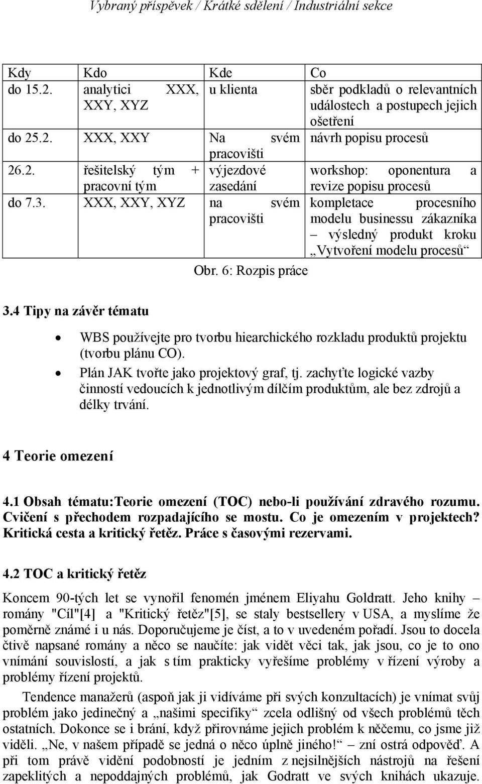 6: Rozpis práce revize popisu procesů kompletace procesního modelu businessu zákazníka výsledný produkt kroku Vytvoření modelu procesů 3.