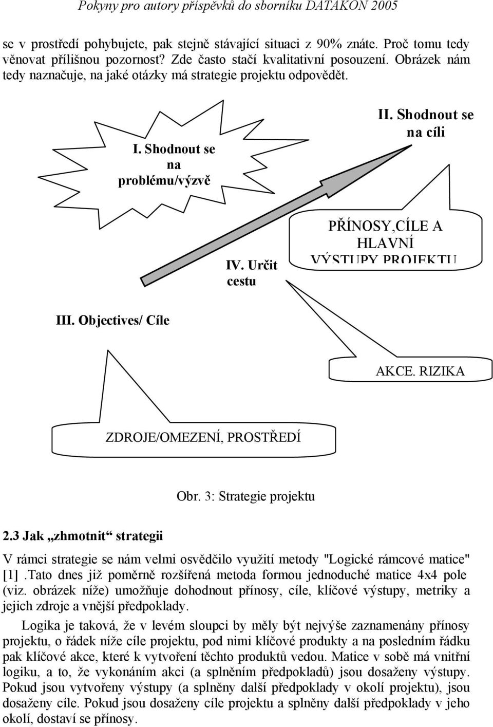 Určit cestu PŘÍNOSY,CÍLE A HLAVNÍ VÝSTUPY PROJEKTU III. Objectives/ Cíle AKCE, RIZIKA ZDROJE/OMEZENÍ, PROSTŘEDÍ Obr. 3: Strategie projektu 2.